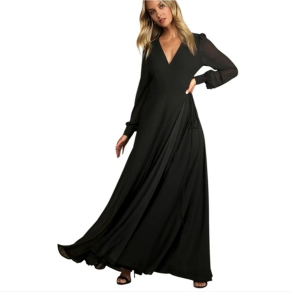 Lulus My‎ Whole Heart Black Long Bishop Sleeve Wrap Dress Plus Size 1X